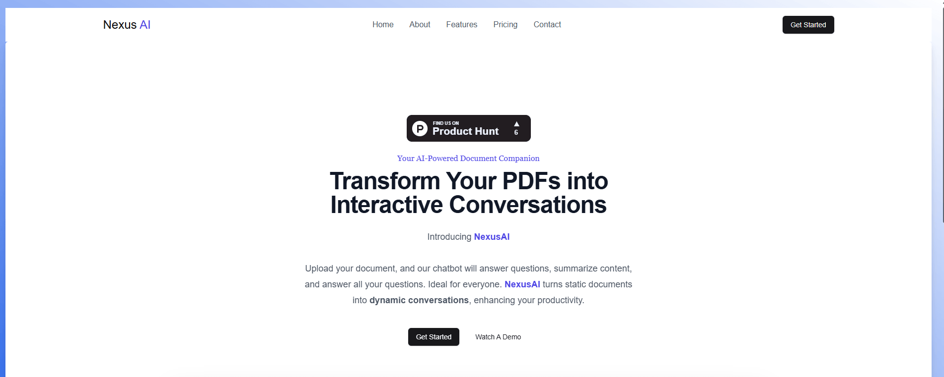 Screenshot of the NexusAI landing page