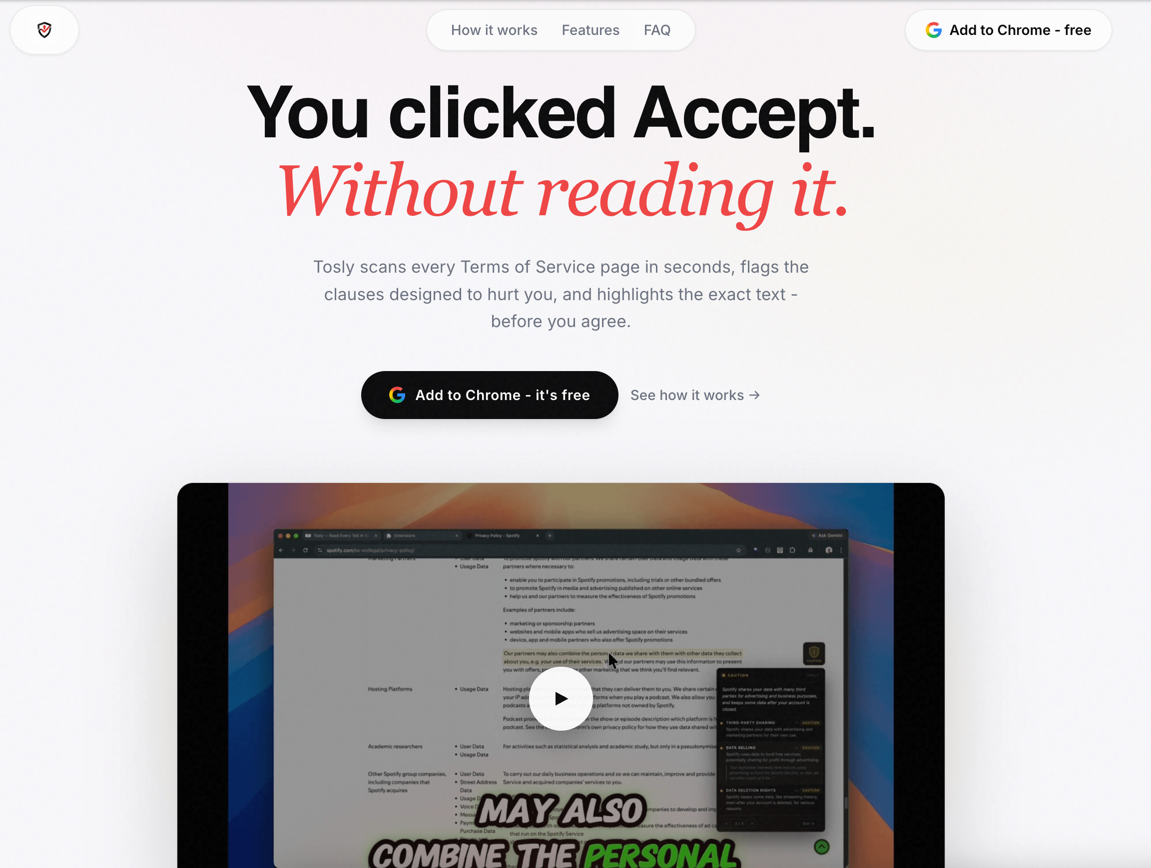 Screenshot of the Tosly landing page